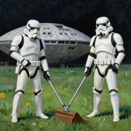 impressionist painting of stormtroopers mowing the lawn of the death star