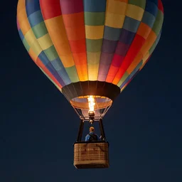 single man flying in hot air balloon in the colorful space, in the style of greg rutsowski, dark background, hyper realistic