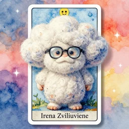 a watercolor art of mumintroll in shape of wool felting clouds with glasses, illustration by irena zviliuviene, solarpunk style, book cover, colorful background, 4 k resolution, hugh detailed, matte painting, tarot card style, character design