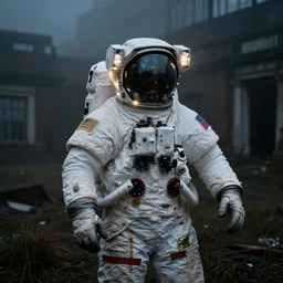 lomo photo of astronaut in abandoned London, gloomy, foggy, dark