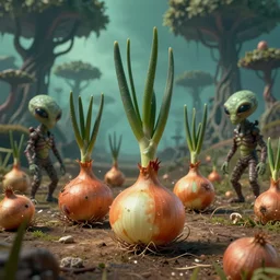 a photo of a bring on an alien planet where a humanoid species are evolved from onions, there are strange trees in the background