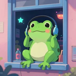 lofi art of a green frog listening to music, by the apartment window, cyberpunk theme, artstation, 4 k
