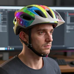 a man with a colorful helmet on his head, a computer rendering by stanley twardowicz, cgsociety, computer art, rendered in cinema 4 d, rendered in maya, chromatic, zbrush, behance hd, highly detailed, cinematic lighting, medium shot, ground angle, uhd 8 k, shallow depth of field
