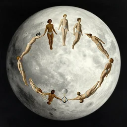 A vintage scientific illustration from the 1970s of a choreography for people who can float on the moon by René Magritte