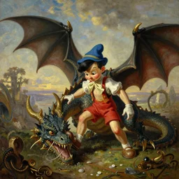 Pinocchio slaying a dragon, oil painting
