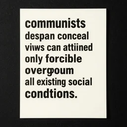 the communists disdain to conceal their views and aims. they openly declare that their ends can be attained only by the forcible overthrow of all existing social condtions. let the ruling classes tremble at a communist revolution. the proletarians have nothing to lose but their chains. they have a world to win. workingmen of all countries, unite!
