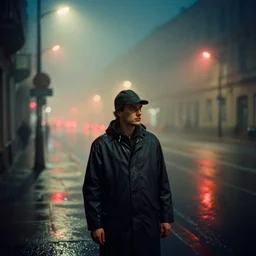 analog photograph of a man wearing a raincoat and a hat, alone in the street with thick fog at night by byanka zhuravleva and ary scheffer. red lights. bokeh. cinematic. hq. detailed. contrast. cinestill 8 0 0 t