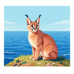 grainy risograph, a prehistoric fluffy caracal looking over the endless ocean on top of a hill, vivid colors, by moebius and lehr paul and kim jung gi