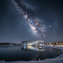 a beautiful double exposure of a deep field astrophotography image by hubble in the sky, a clean sci - fi building on a lake shore with reflections, snow, award winning, low noise, detailed, sharp, elevated point of view