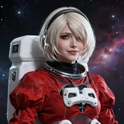 highly detailed portrait of a hopeful pretty astronaut lady with a wavy blonde hair, by Daniela Uhlig, 4k resolution, nier:automata inspired, bravely default inspired, vibrant but dreary but upflifting red, black and white color scheme!!! ((Space nebula background))