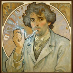 portrait of a mad scientist, grey hair, male, electricity, painting by alphonese mucha