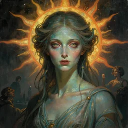 stunning, breathtaking, awe-inspiring award-winning concept art nouveau painting of attractive alien as the goddess of the sun, with anxious, piercing eyes, by Alphonse Mucha, Michael Whelan, William Adolphe Bouguereau, John Williams Waterhouse, and Donato Giancola, cyberpunk, extremely moody lighting, glowing light and shadow, atmospheric, cinematic, 8K