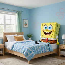 A high quality photograph of a SpongeBob themed bedroom