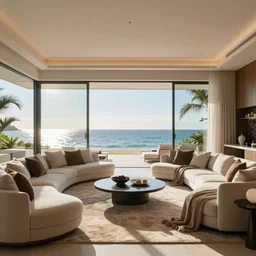 contemporary interior design, beach house with luxurious living room and a scenic view of the sea and sun, photorealistic, ultra-detailed, high resolution, HDR shot