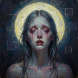 magic halo, broken soul, deep sickness oil paint, surrealist highly detailed at, ethereal, trending on art station, emotional surrealism oil painting, tears, crying, glitching squares, very very very very very trippy