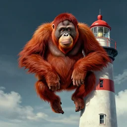 travel poster artwork by michael whelan and tomer hanuka, rendering of climbing red orangutan over lighthouse, high contrast, full of details, by makoto shinkai and thomas kinkade, matte painting, trending on artstation and unreal engine