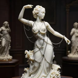 a melting wax model of an absurdly beautiful, graceful, sophisticated, fashionable woman, natalie portman, in the style of irakli nadar and alexandre ferra, white porcelain skin, faberge, intricate chrome chains, dark atmosphere, unreal engine 5 highly rendered, global illumination, radiant light, detailed and intricate environment