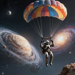 hd art of future man traveling towards another galaxy with the help of parachute, highly detailed