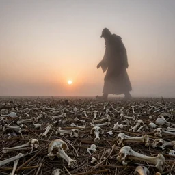 a field of tiny bones with a gigantic ghostly grim reaper walking in the horizon, in a sunset haze, foggy, photographic
