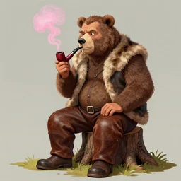 A pipesmoking older men with brown hair and bear sitting on a treestump. he wears a fur west and brown leather pants. the smoke from the pipe is pink. digital art
