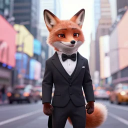 anthropomorphic furry fox wearing a tuxedo stands on the times square ,detailed, environment, building, cinematic lights, rule of thirds, Artstation