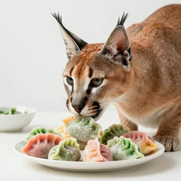 Caracal eating rainbow dumplings, photo