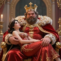 an intricate concept art, photorealism, a fat king with a woman on his lap, ultra photorealistic, pinterest, artstation, cgsociety, pinterest, digital art, hyper detail, radiant lighting, anime colors, style by wlop, octane render, 8 k
