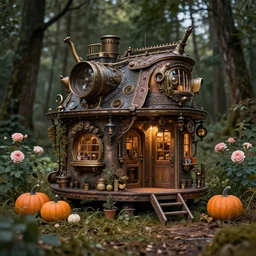photo of a steampunk tiny house in the forest with pumpkins and a rose garden, intricate, detailed, dramatic lighting