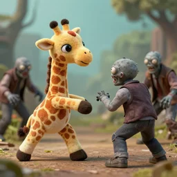 a cute stuffed giraffe fighting zombies in resident evil, realistic, hyper detailed
