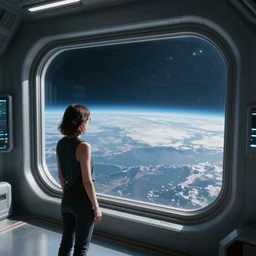 wide angle photograph of woman looking out a space station cyberpunk window onto earth outside below