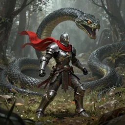 a matte painting of a helmeted female warrior wearing battle worn power armor with a red scarf billowing behind her fighting a monstrous snake creature in the forest plains of north yorkshire, good value control, concept art, digital painting, sharp focus, fight scene, Anthem game, power armor, knight, symmetrical, single character full body, 4k, illustration, glowing eyes, rule of thirds, centered, moody colors, moody lighting,