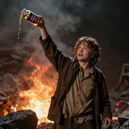 Frodo throwing Mountain Dew into Mt Doom, photorealistic, film