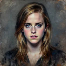 a dirty grunge painting with dark and muted colors of emma watson. airbrush art, complex massive detail, lsd.
