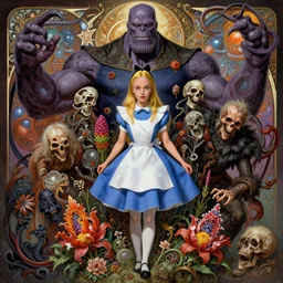 the platonic ideal of alice in wonderland, flowers and ayahuasca cletus kasady ultimate carnage thanos dementor wild hunt doctor manhattan chtulu nazgul mandelbulb davinci, d & d, fantasy, ego death, detailed, intricate, hyperrealism, intense, scary, decay, art by artgerm and greg rutkowski and alphonse mucha
