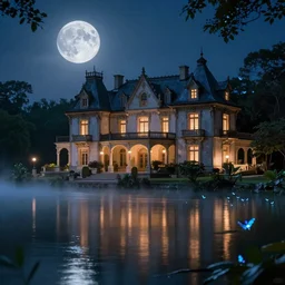 a stunning well lit renaissance lake house with lamps, a beautiful lake in the foreground, moonlit night dreamy atmosphere, highly detailed twigs and plants in the forest, bioluminescent butterflies in the fog in a bokeh background, deep colors, photorealistic digital arts, smooth and rich color scheme, artstation, 8K