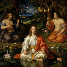 man sitting in a pond, ceremonial, night, by ambrosius benson, by fernando botero, a touch of giuseppe arcimboldo, realistic, renaissance, epic composition, japanese ceremony, lush and warm