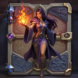 Hearthstone official professional art. A sorceress, wearing a robe casting a fire ball. Insanely coherent & professional physical body parts (face, arms, legs, hair, eyes). Full body realistic, sharp focus, 8k high definition, insanely detailed, intricate, elegant, smooth, sharp focus, illustration, ArtStation