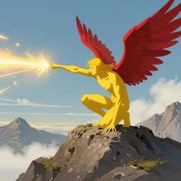 a thin yellow man with red wings and long hair crouches on a mountain peak looking down, the man shoots a beam of energy from an outstretched arm, trending on artstation, digital art ( by tomasz jedruszek ) ( by senfeng chen ) ( by lorenzo lanfranconi )