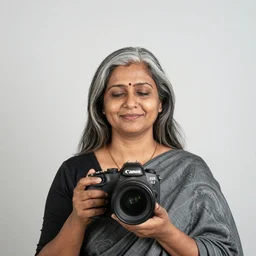 indian woman with grey hair, peaceful expression, medium shot, canon eos r 3, f / 1. 4, iso 2 0 0, 1 / 1 6 0 s, 8 k, raw, unedited, symmetrical balance, in - frame