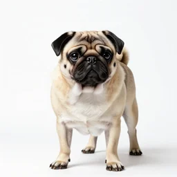 spotted pug, high detail photograph, full body, isolated on a pure white background, centered, entire subject in frame, sharp focus, soft studio lighting