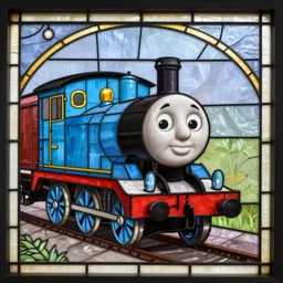 stained glass depicting the thomas the train engine, 1 8 9 0 s chartre, france.