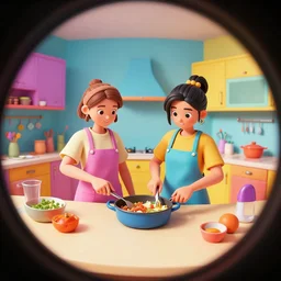 two girls cooking, colorful, contrast, 3 d scene, greg rutkowski, zabrocki, karlkka, jayison devadas, trending on artstation, 8 k, ultra wide angle, zenith view, pincushion lens effect