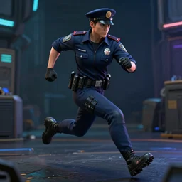 character design, running cyberpunk police officer, photorealistic, octane render, unreal engine, hyper detailed, volumetric lighting