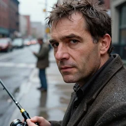 closeup portrait of a man fishing in a puddle rainy new york street, by Annie Leibovitz and Steve McCurry, natural light, detailed face, CANON Eos C300, ƒ1.8, 35mm, 8K, medium-format print
