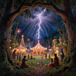 closeup of a night carnival inside a tree cavity in a magical forest in the middle of a summer storm, with a music scenario with many fireworks and christmas lights, volumetric lightning, instense god rays in the sky, folklore people disguised with fantastic creatures in a magical forest by summer night, masterpiece painted by william henry hunt, scene by dark night environment, refraction lights,