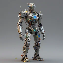 a robot standing in front of a gray background, a computer rendering by senior character artist, featured on zbrush central, afrofuturism, made of trash, made of plastic, future tech