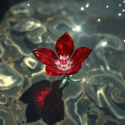 a red diamond flower floating in crystal clear water, style artstation, style greg rutkowsk, comic art book,, octane render, unreal engine 6, epic game graphics, fantasy, ciberpunk, post - apocaliptic, ray tracing