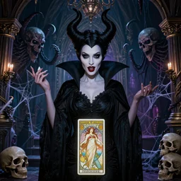 closeup portrait succubus gothic disney varga elvira maleficent medusa standing in a ornate haunted mansion during a seance, cthulhu, kraken, skulls, spider webs, glamour pose, guillermo del toro, alphonse mucha, volumetric lighting, patrick nagel, tarot card, d & d, new art nouveau, greg rutkowski,