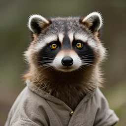 a beautiful closeup shot from a fantasy film of a humanoid ferret / raccoon creature with yellow eyes wearing a loose tunic. an anthropomorphic raccoon or anthropomorphic ferret with gold eyes. portrait. joseph ducreux, greg rutkowski.