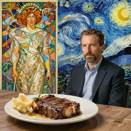charlie kelly from it's always sunny in philadelphia with milk steak, art by alphonse mucha and van gogh